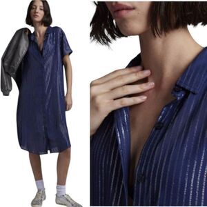 WILDFANG nwt Navy Empower Pinstripe Shirt Dress Knee Length Size S